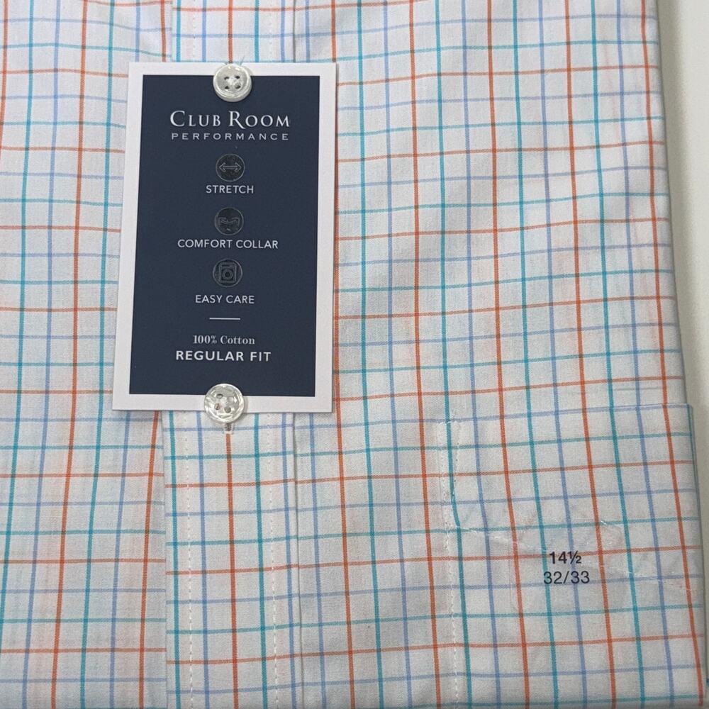 Club Room Men's Regular Fit Letto Plaid Dress Shirt Orange Aqua 14.5 32/33 $60 - Picture 4 of 5